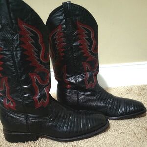 Ferrini Italia Black and Red Teju Lizard Skin Leather Cowboy Boots